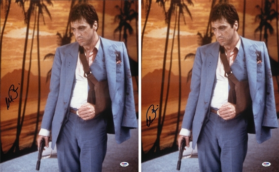 Lot of (2) Al Pacino Signed 16 x 20 "Scarface" Color Photograph Standing With Gun Pointed Down (PSA/DNA)
